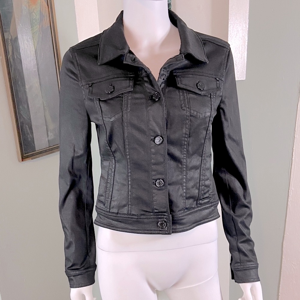 White House Black Market Black Jean denim coated shiny Jacket size 4